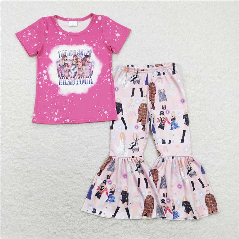 Baby Girls European and American female singer digital print pattern short-sleeved flared pants suit