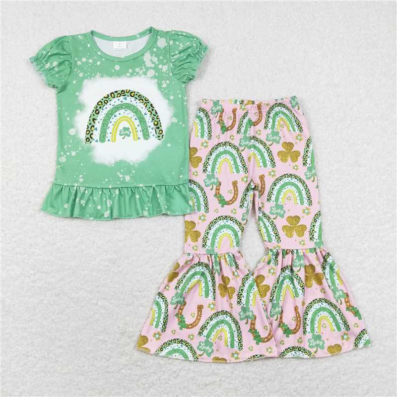 12.20 RTS NO MOQ （In stock）GSPO1234 Baby Girls St Patrick Day Rainbow Shirt Bell Pants Outfits Clothes Sets