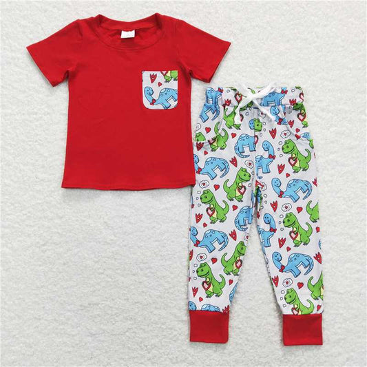 BSPO0235 Baby Boys Valentines Dinosaurs Pocket Tee Tops Pants Clothes Sets