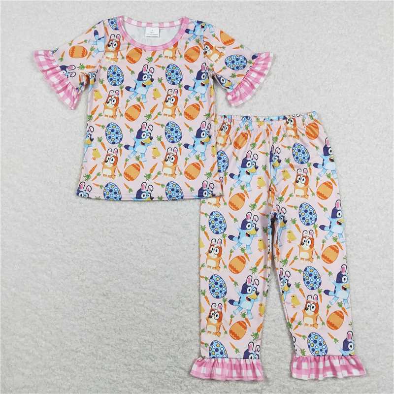 GSPO1253 Cartoon dog bluey carrot Easter egg pink plaid short-sleeved trousers suit