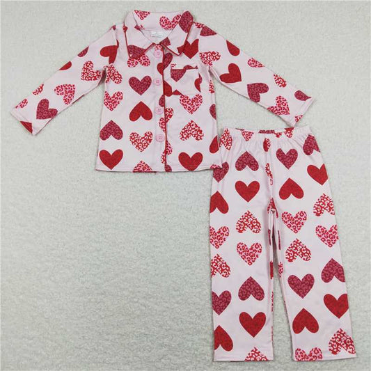 GLP1136 Pink leopard heart girls valentine's button down pajamas