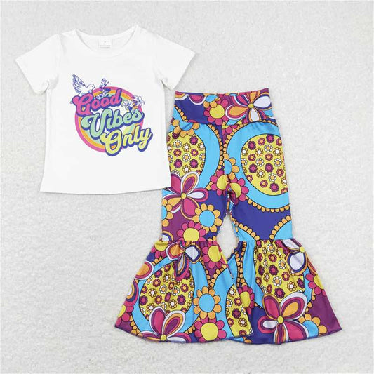 GSPO1240 good vibes only white short-sleeved trousers suit with floral letters