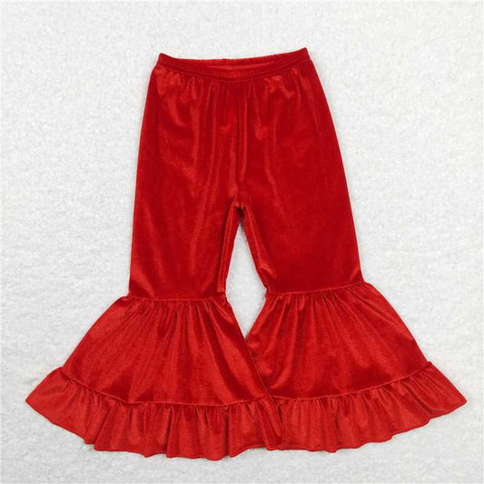 P0417  Baby Girls Red Velvet Ruffle Bell Bottom Pants