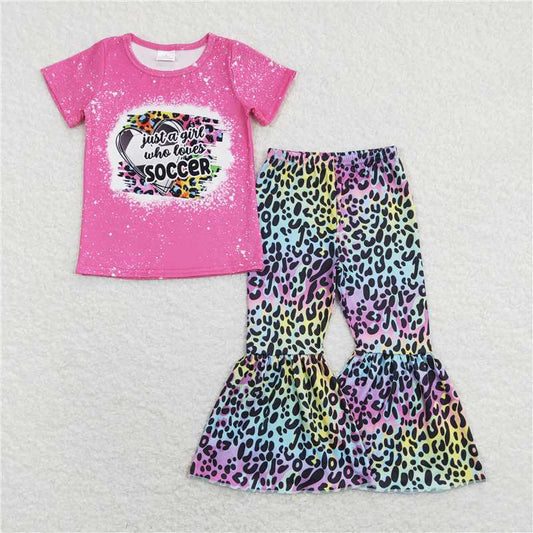 GSPO1273 soccer letter heart rose pink short-sleeved leopard print trousers suit