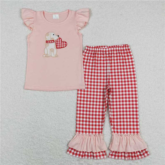 GSPO1161 Embroidered love puppy pink flying sleeves lace red and white plaid trousers suit