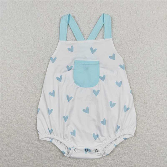 SR0732  Baby Infant Boys Valentines Blue Hearts Pocket Straps Rompers