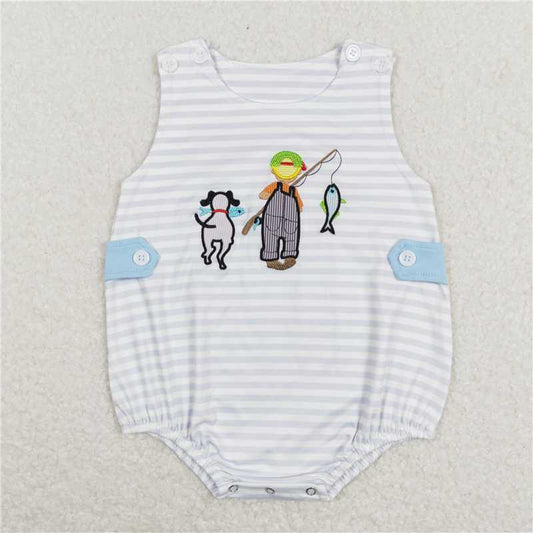 USA Warehouse (IN STOCK) SR0644 Sleeveless dog fishing stripe baby boys romper
