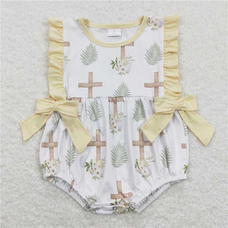 SR0619  Baby Infant Girls Easter Cross Sleeveless Bow Rompers