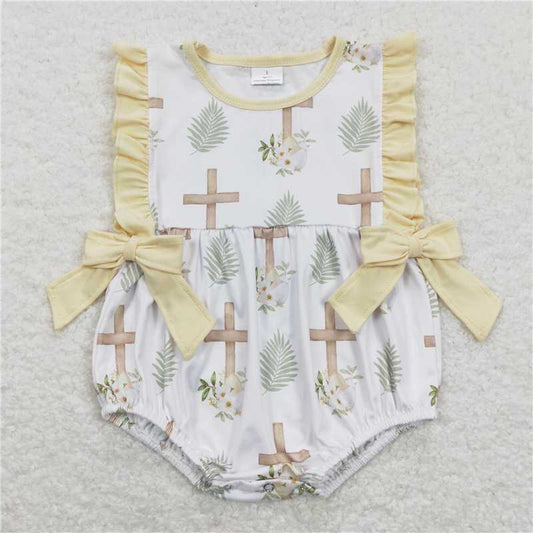 SR0619  Baby Infant Girls Easter Cross Sleeveless Bow Rompers