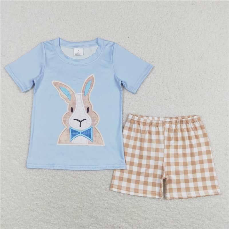 BSSO0292 Baby Boys Easter Rabbit Tee Shirt Khaki Checkered Shorts Clothes Sets