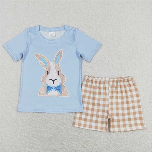 BSSO0292 Baby Boys Easter Rabbit Tee Shirt Khaki Checkered Shorts Clothes Sets