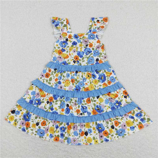 GSD0682 Baby Girls Blue Flowers Tunic Ruffle Sibling Sister Rompers Dresses Clothes Sets