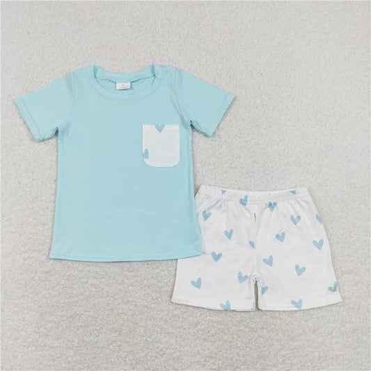 BSSO0413 Heart pocket aqua top shorts kids boys valentine's clothes