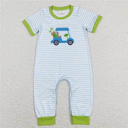 12.16 RTS NO MOQ （In stock）Matching SR0700 Baby Infant Boys Golf Blue Stripes Short Sleeve Rompers