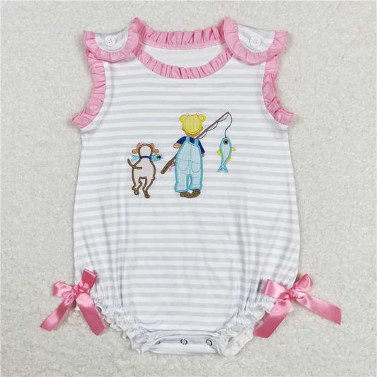 SR0643 Baby Infant Girls Cute Fishing Dog Summer Sleeveless Rompers