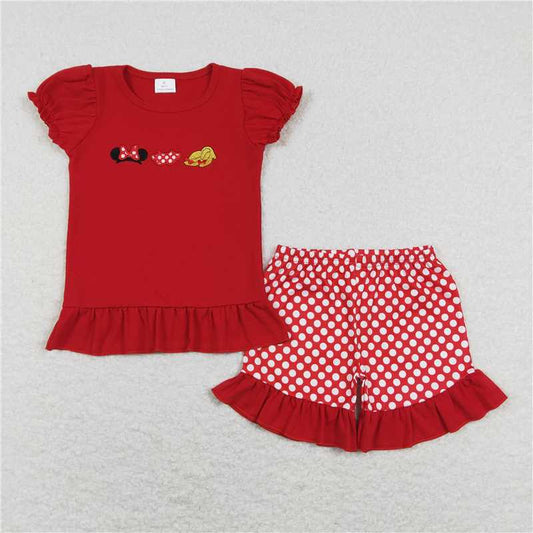 Red short sleeves mouse top ruffle shorts girls outfits