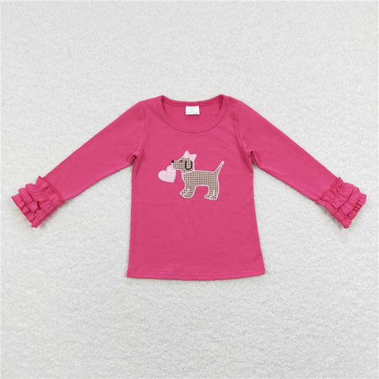 GT0409  Baby Girls Long Sleeve Hotpink Valentines Dogs Hearts Tee Shirt Tops