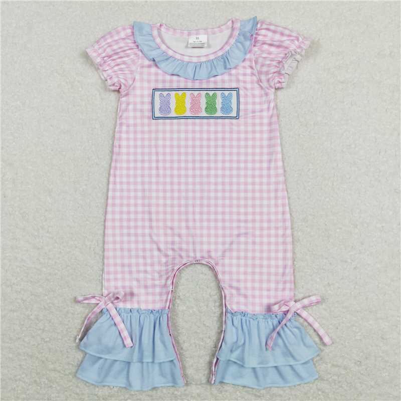 SR0689 Embroidery Baby Infants Girls Easter Colorful Bunny Short Sleeve Rompers