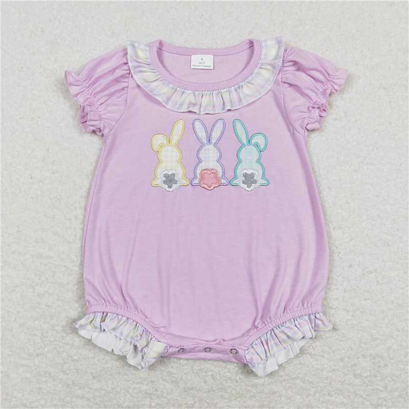 SR0499  Embroidery Baby Infant Girls Easter Three Rabbits Short Sleeve Rompers
