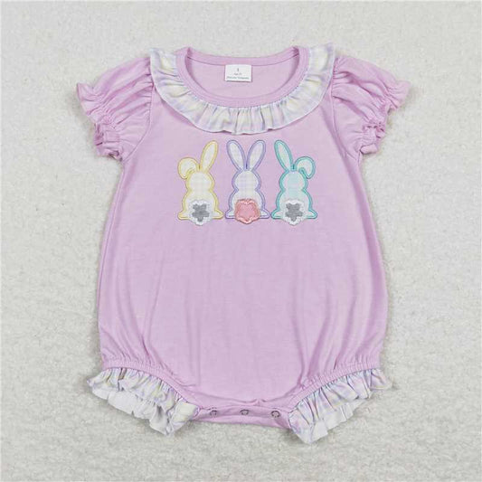 SR0499  Embroidery Baby Infant Girls Easter Three Rabbits Short Sleeve Rompers