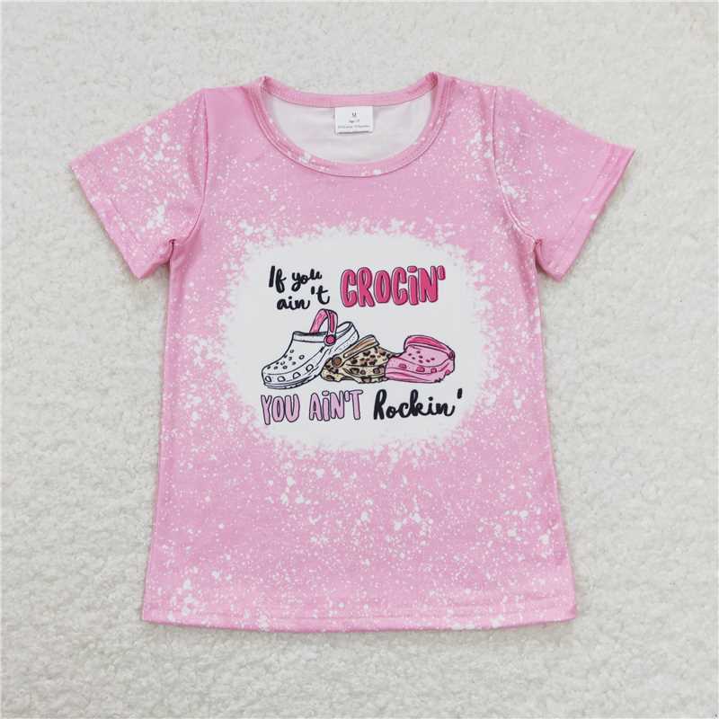 GT0443  Short sleeves pink bleached sandals girls summer shirt