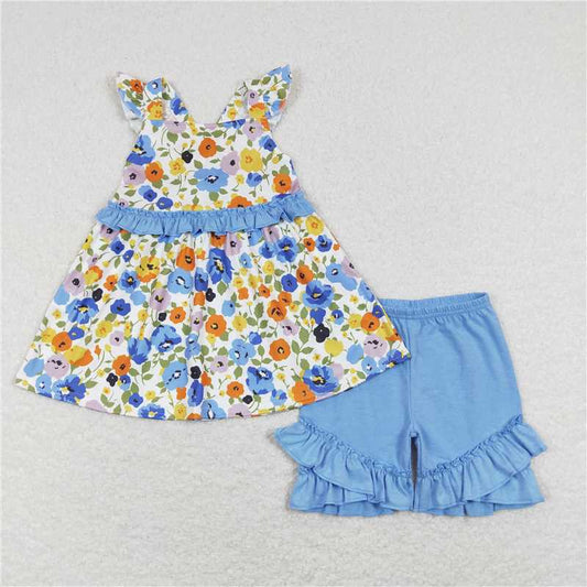 Baby Girls Flutter Sleeve Floral Tunic Top Ruffle Shorts Summer Clothes Sets