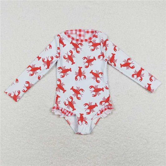 S0220  Baby Girls Crawfish Long Sleeve Zip Swimsuits Swimwear
