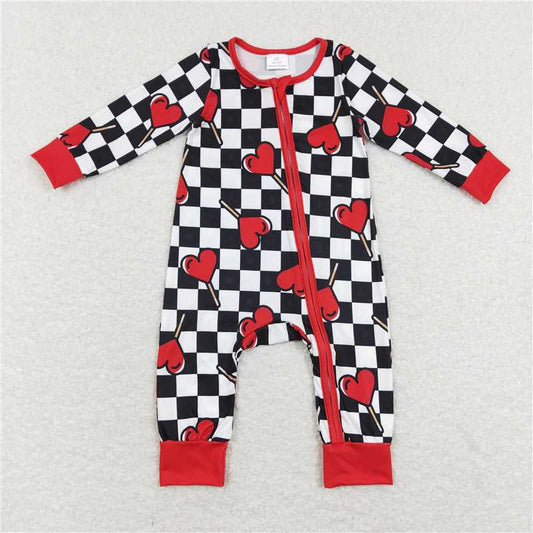 RTS LR0856 Red heart lollipop black and white plaid red zipper long-sleeved jumpsuit