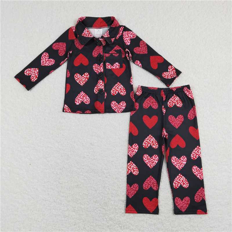 GLP1137Black leopard heart girls valentine's button down pajamas