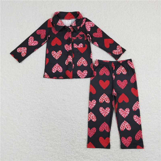 GLP1137Black leopard heart girls valentine's button down pajamas