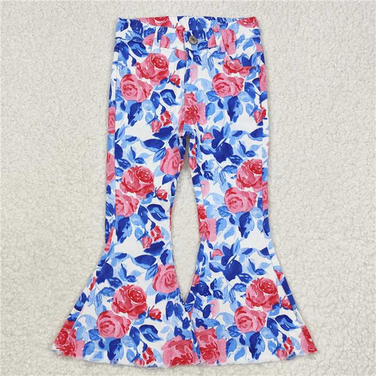 P0466  Baby Girls Blue Leaves Pink Flowers Bell Flare Denim Pants