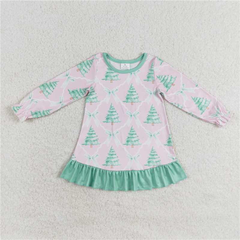 11.22 RTS NO MOQ （In stock）GLD0538 Baby Girls Christmas Pink Bows Trees Knee Length Gowns Dresses