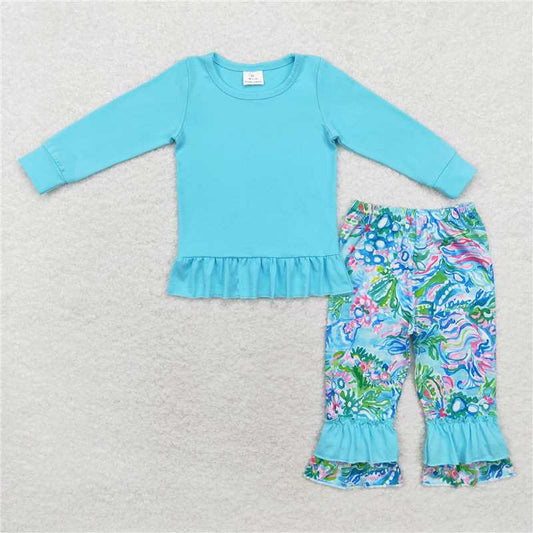 GLP1458Light blue cotton top watercolor ruffle pants girls clothes