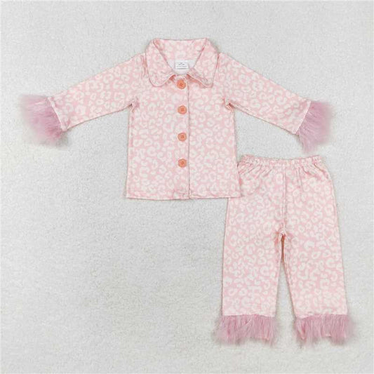 GLP1258Pink leopard fur ruffle kids girls button down pajamas