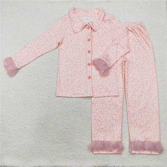 GLP1262 Adult Women Pink Leopard Button Up Top Pants Fur Pajamas