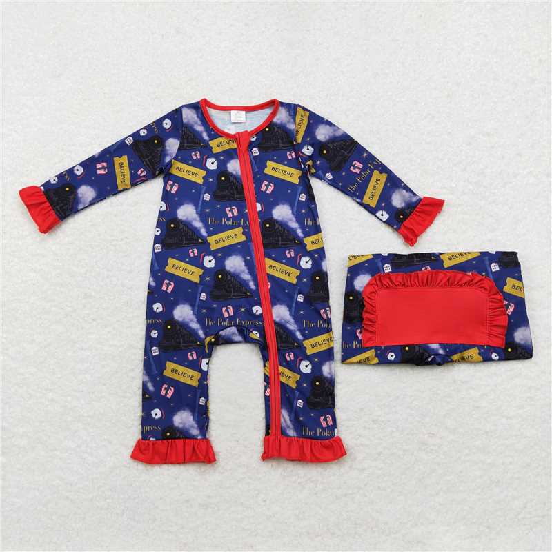 LR1132Train believe baby girls Christmas zipper romper
