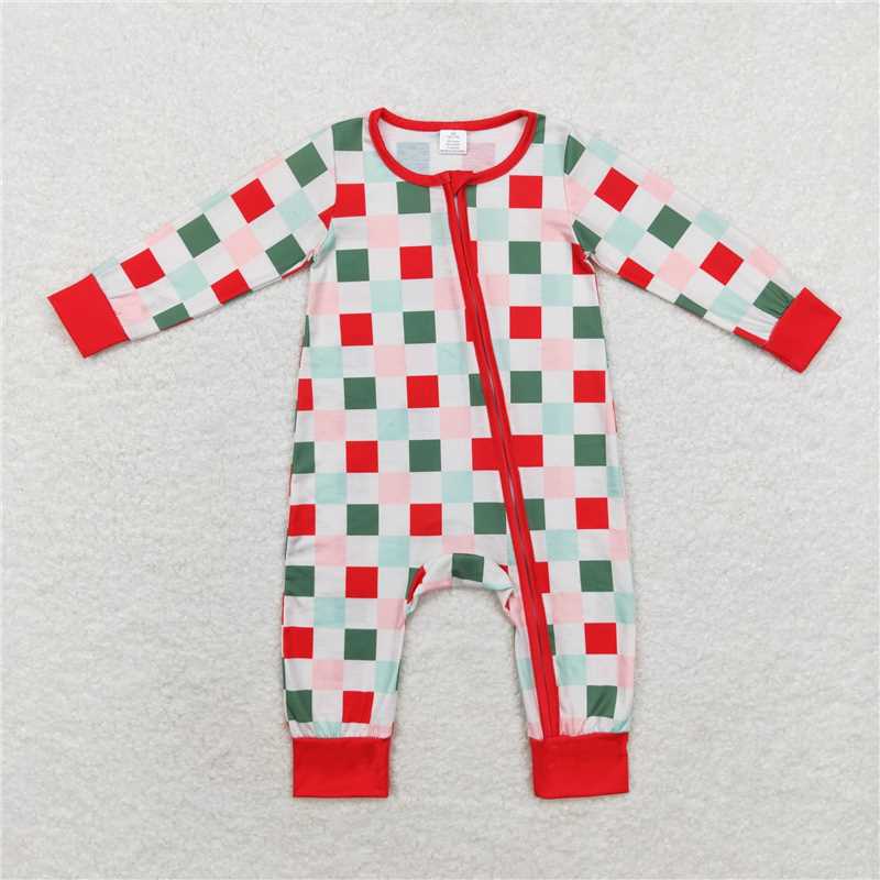 RTS LR1197 Modal Christmas colorful plaid zipper long sleeve jumpsuit