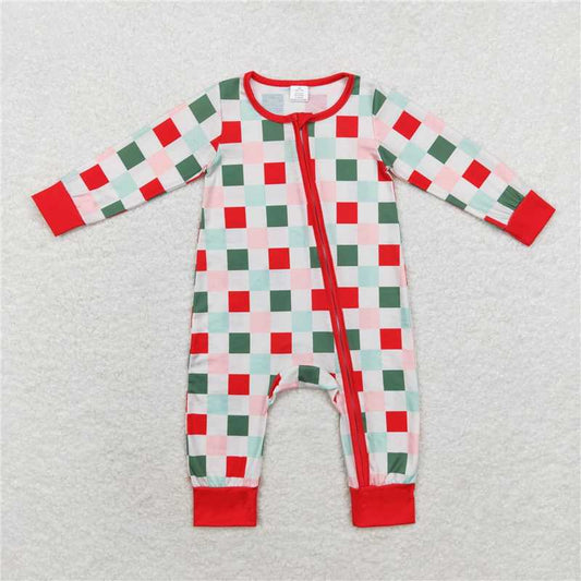 RTS LR1197 Modal Christmas colorful plaid zipper long sleeve jumpsuit