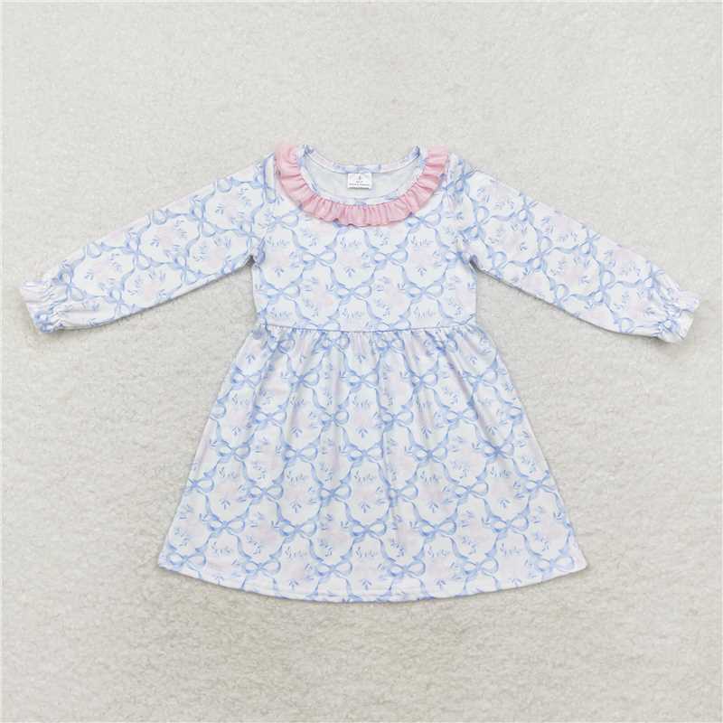 GLD0693  Baby Girls Blue Bows Flowers Fall Knee Length Dresses