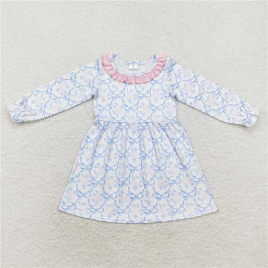 GLD0693  Baby Girls Blue Bows Flowers Fall Knee Length Dresses