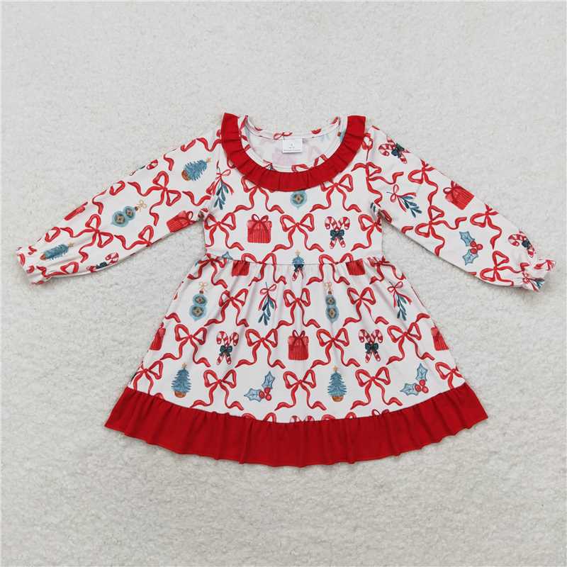 11.22 RTS NO MOQ （In stock）GLD0523 Baby Girls Christmas Candy Cane Bows Ruffle Knee Length Dresses