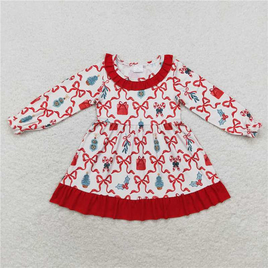 11.22 RTS NO MOQ （In stock）GLD0523 Baby Girls Christmas Candy Cane Bows Ruffle Knee Length Dresses