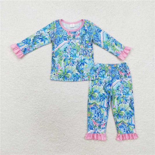 GLP1481Long sleeves watercolor blue floral girls pajamas