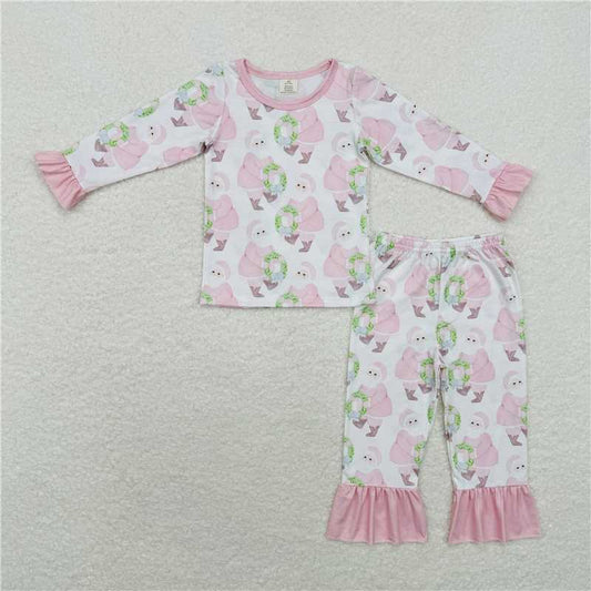 12.9 RTS NO MOQ （In stock）GLP1320 Baby Girls Christmas Pink Santa Top Pants Bamboo Pajamas Clothes Sets
