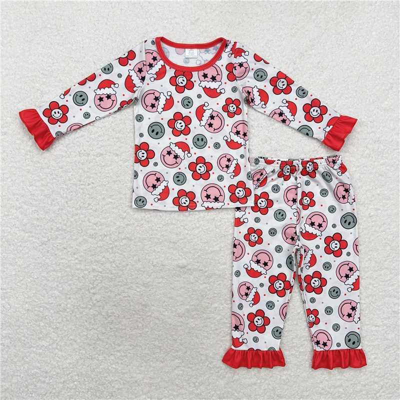 12.9 RTS NO MOQ （In stock）GLP1272 Baby Girls Christmas Red Flowers Smile Top Pants Bamboo Pajamas Clothes Sets