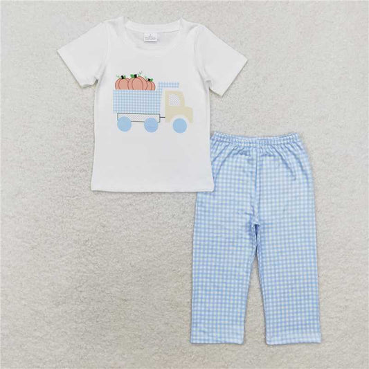 BSPO0398RTS NO MOQ Baby Boys Spring Outfits  Baby Boys Short Sleeve Pumpkin Tractor Top Pants Clothes Sets