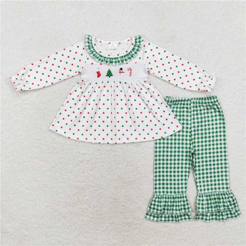 GLP1395 Embroidered Christmas tree snowman cane polka dot green plaid lace white trousers suit