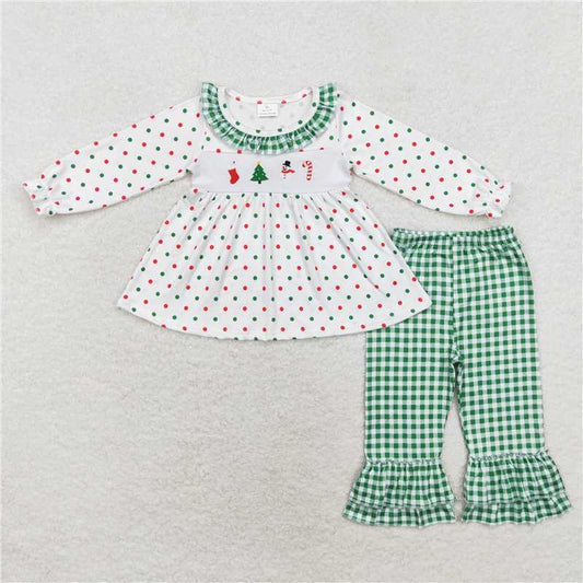 GLP1395 Embroidered Christmas tree snowman cane polka dot green plaid lace white trousers suit
