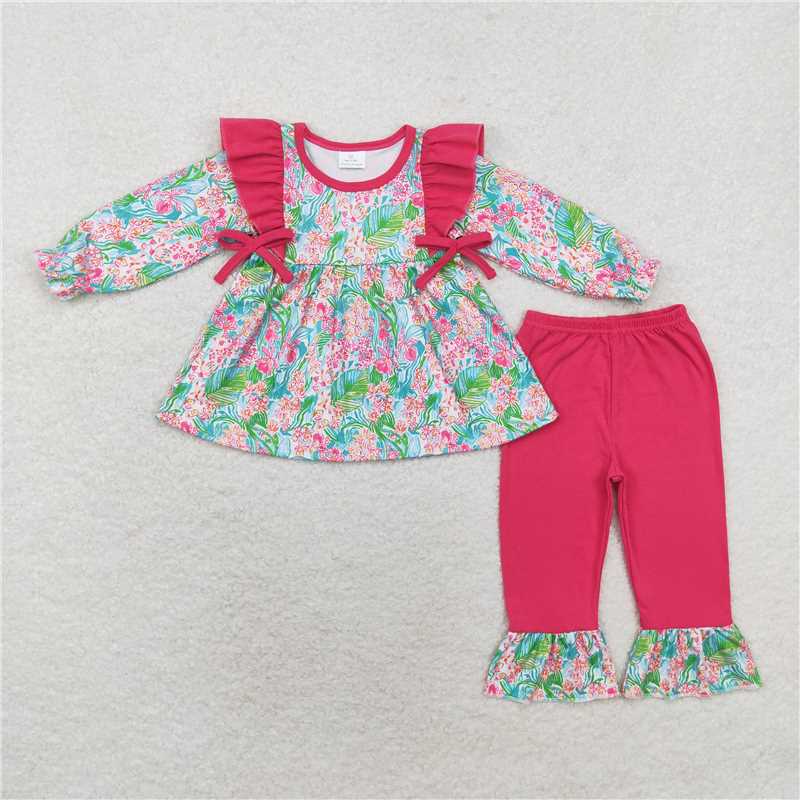 GLP1430Watercolor floral tunic hot pink ruffle pants girls clothing