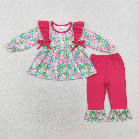 GLP1430Watercolor floral tunic hot pink ruffle pants girls clothing